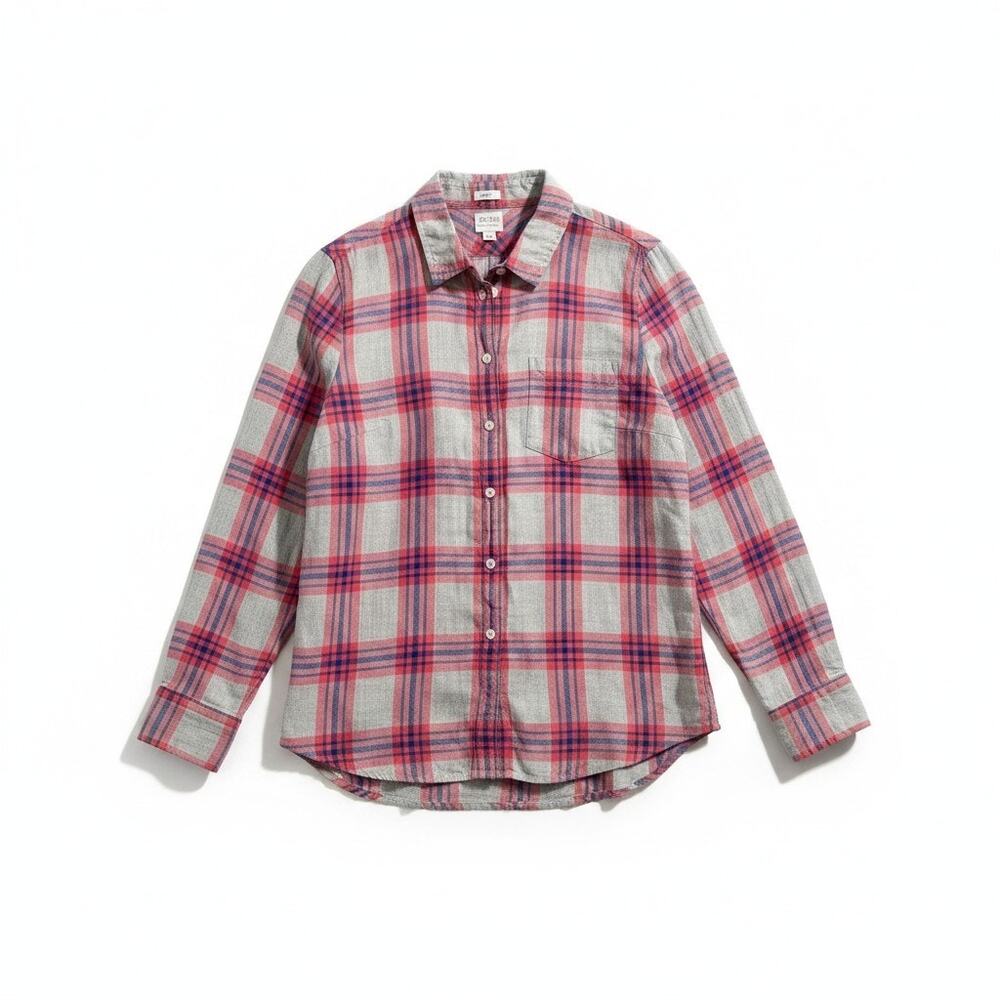 J Crew Womens Boy Fit Flannel Button Up Top Cotton Plaid Gray Pink M Academia